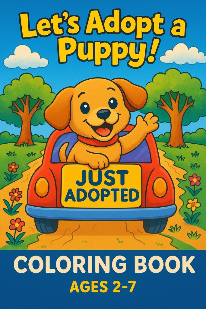 A coloring book cover showing a happy brown puppy driving a red car with the title "Let's Adopt a Puppy!". The cover art is for "Ages 2-7".