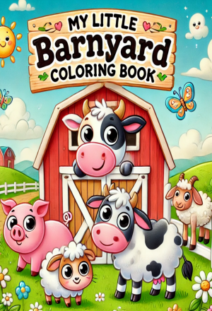 A coloring book cover titled "My Little Barnyard Coloring Book," featuring cute illustrations of a pig, two cows, a sheep, and a goat in front of a red barn.