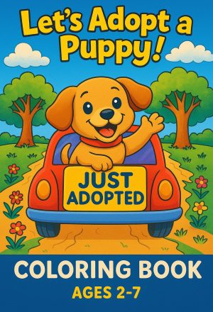 A coloring book cover showing a happy brown puppy driving a red car with the title "Let's Adopt a Puppy!". The cover art is for "Ages 2-7".